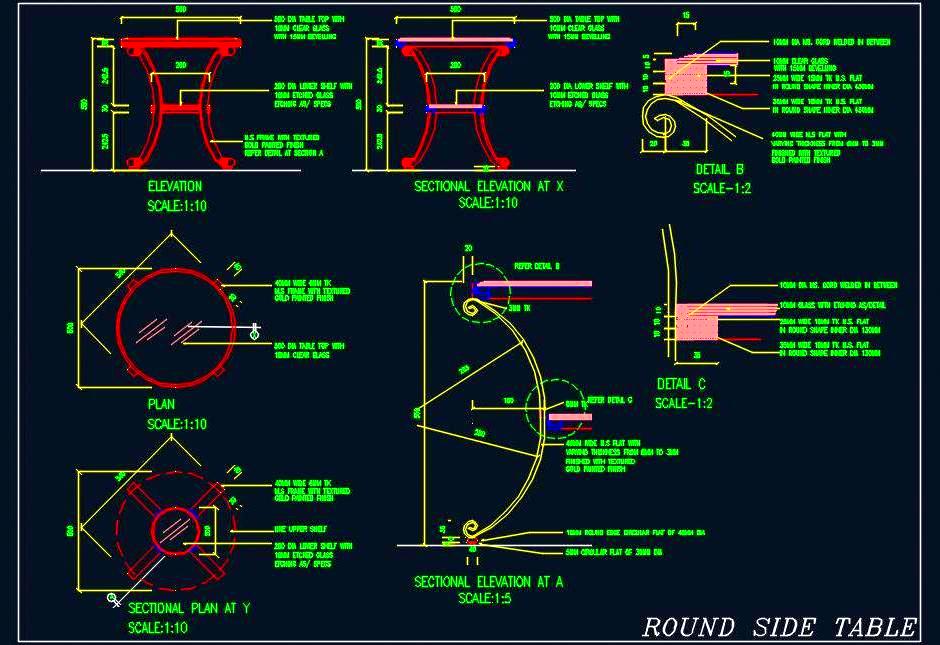 Round Side Table CAD Drawing- Gold MS Frame & Glass Top Details